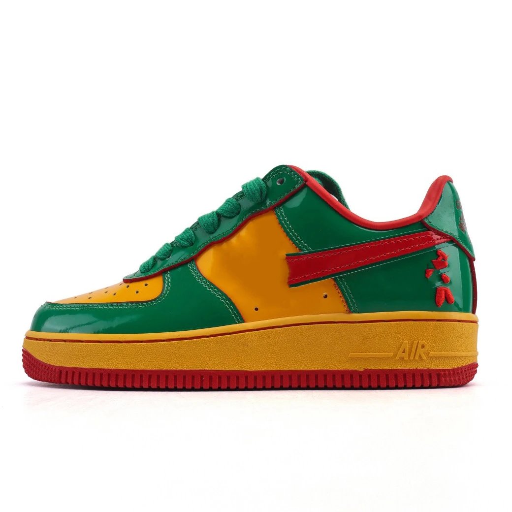 Cross-border Air Force No. 1 co-branded sneakers for migrant workers, green, gold and red patent leather casual shoes, fashionable and versatile, trendy shoes for couples